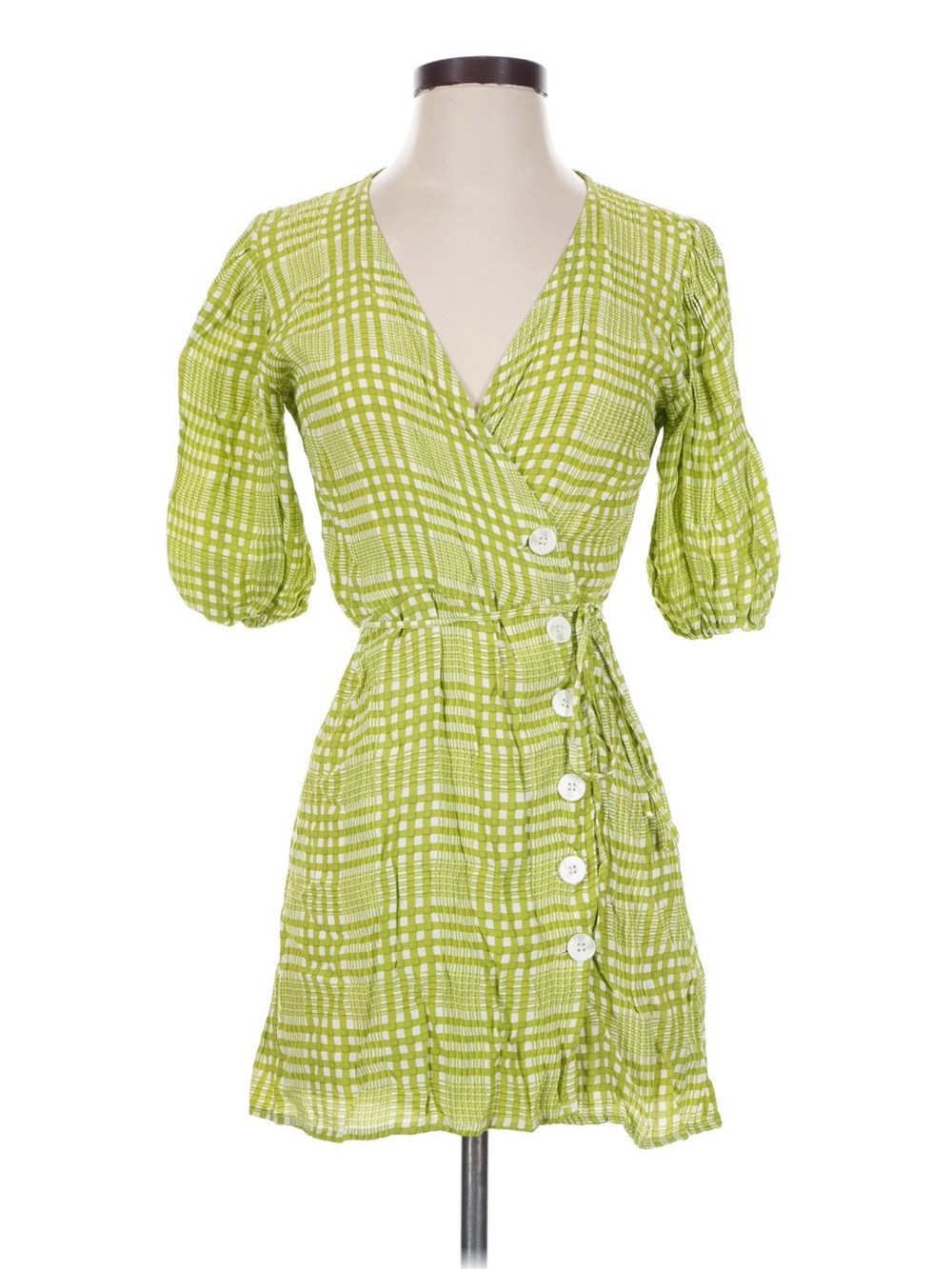 Faithfull The Brand XS Green Plaid Check Wrap Mini Dress Puff Sleeve Rayon